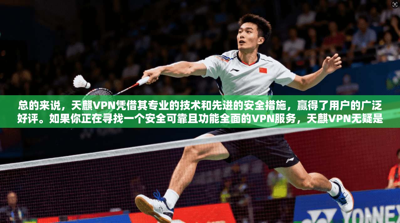总的来说，天麒VPN凭借其专业的技术和先进的安全措施，赢得了用户的广泛好评。如果你正在寻找一个安全可靠且功能全面的VPN服务，天麒VPN无疑是一个值得信赖的选择